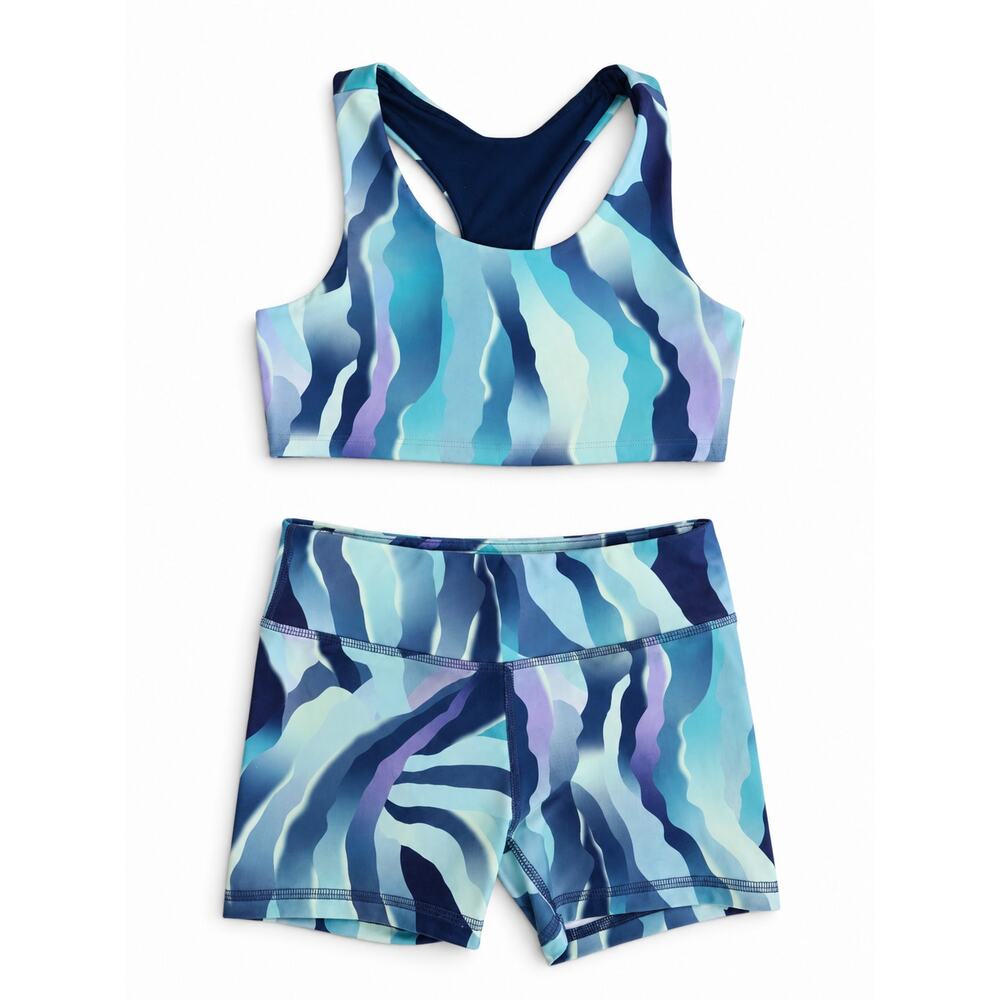DSG Girls 2-Piece Athletic Set Blue Abstract Sports Bra & Shorts Size S (8-9)